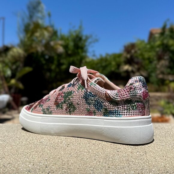 New Pink Floral Print Rhinestone Crystal Pavé Lace-Up Flat Platform Sneaker Shoe - Picture 5 of 8